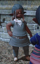 A Dunesfolk Lalafellin woman speaks plainly to her granddaughter, Mitan. She wears a grey belted top and worn bottoms, her hair in greying locks that are swept back.