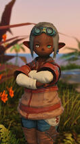 A Plainsfolk Lalafellin man looks sternly at the camera as night sets in on the shore. He wears plain leather craftsman gear and teal goggles in his grey hair.