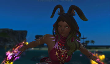 A Rava Viera readies to show her dancing skills with glowing chakrams in hand. She wears a modest dancer's top in rolanberry red and golden accessories.