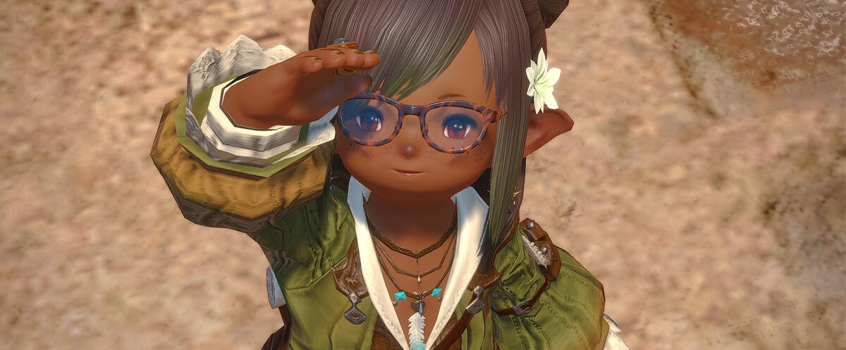 Mitan Pontan A Plainsfolk Lalafellin woman gazes up at the dawn. She wears a flower pin in her hair, tortoiseshell frames, and a frilled green and white layered top with brown leather adornments.