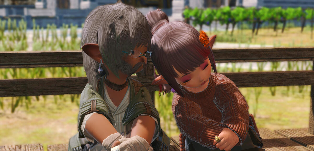 Opom Potopom and Tandidi Tandi A gruff Lalafellin gleaner in a standard uniform allows his Lalafellin wife, dressed in a brown sweater with an orange floral corsage in her hair, to rest her head on his shoulder.