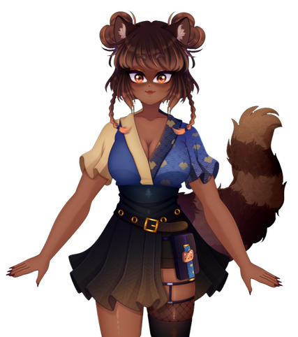 MikaMischief, tanuki shopkeeper and painter A mildly dark skin woman with large canine ears, tucked within a thick brown bob with heart shaped buns and long jellyfish braids, and a fluffy tail smiling. She visibly wears a yellow and blue asymmetrical uchiwa-ginkgo leaf wrap top, a black belted skirt